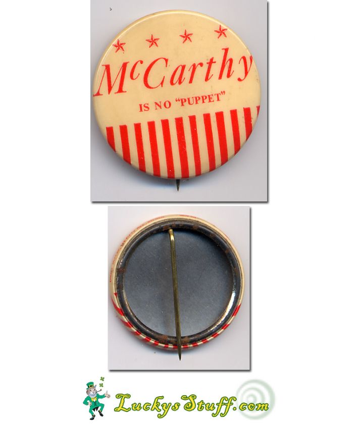 McCARTHY IS NO PUPPET   Celluloid PINBACK Eugene WI  