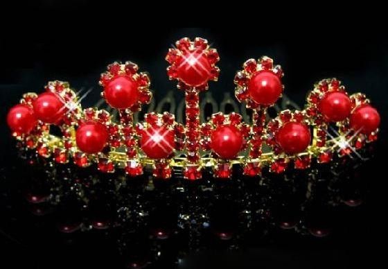 BRIDAL WEDDING JEWELRY HAIR COMB CLIP RED CRYSTAL FAUX PEARL GOLDEN 