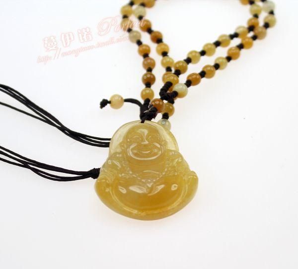 Chinese Yellow Jade Happy Buddha Pendant Beads Lanyard  