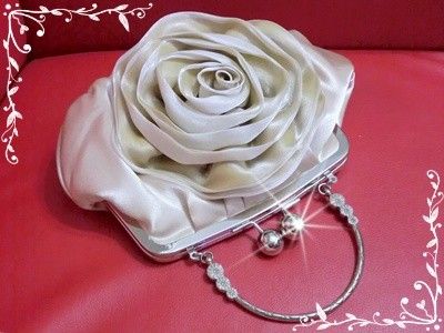   Satin 3D Big Rose Bridal Beige Wedding Bag Evening Bag & Clutch Purse