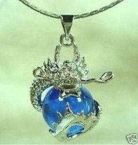 Exquisite Blue Jade Carved Dragon Pendant Necklace  