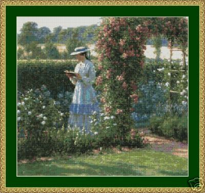 READING IN THE GARDEN~counted cross stitch pattern #1635~PEOPLE Ladies 