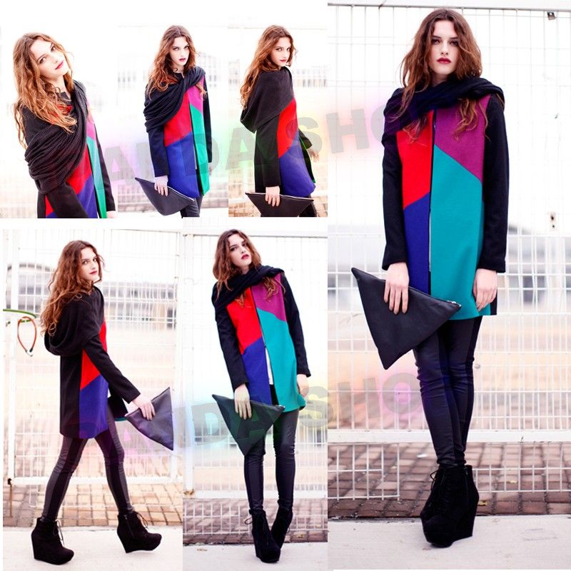    colored Patchwork Lady Hoodie Long Dress Top Coat Dazzling Relaxed