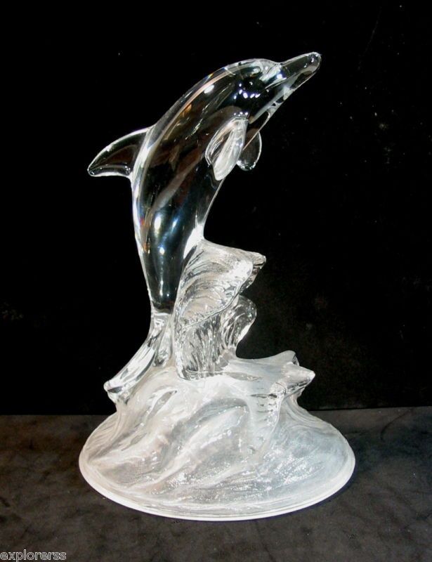   CLEAR & FROSTED CRYSTAL ART GLASS LEAPING DOLPHIN FIGURINE, FROM ITALY