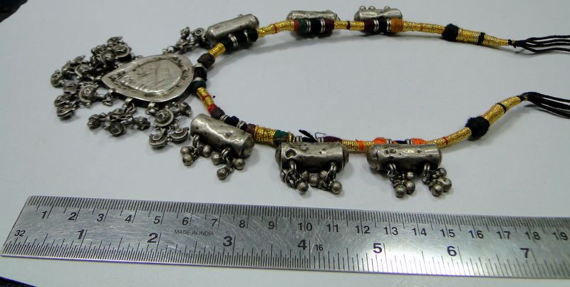 vintage antique ethnic tribal old silver beads necklace w charms blue 