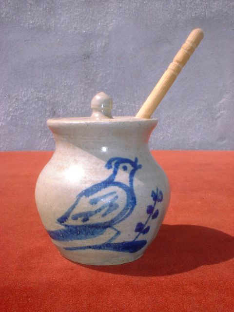 Stoneware Honey Pot with Lid Blue Decorated Bird  