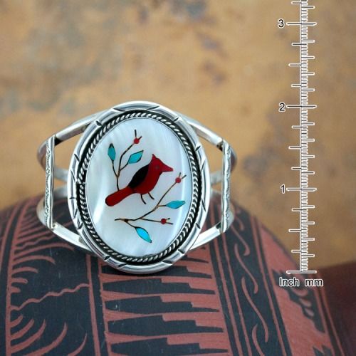 Navajo Native American Red Bird Inlay Bracelet 43C  