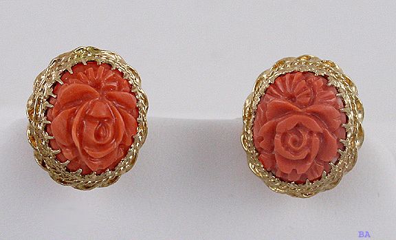 LOVELY PAIR 14K YELLOW GOLD & CARVED CORAL ROSE EARRINGS  