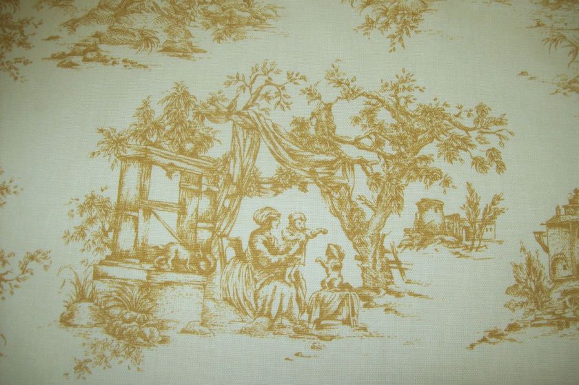 french country toile gold designer curtain fabric  
